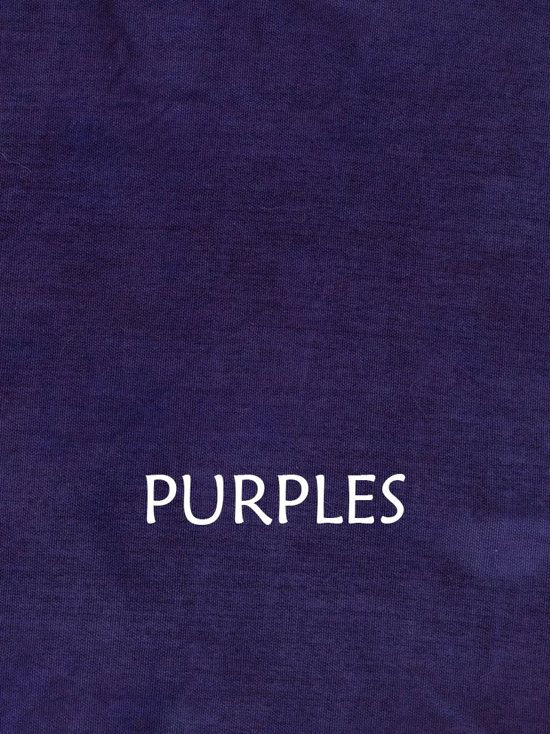 A swatch of cotton dyed purple, with the caption "Purples."