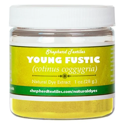 A plastic jar full of yellow powder labeled "Young Fustic".
