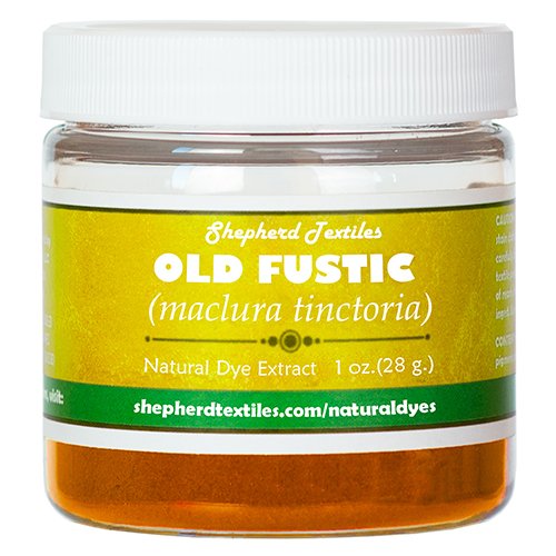 A plastic jar full of orange powder labeled "Old Fustic".