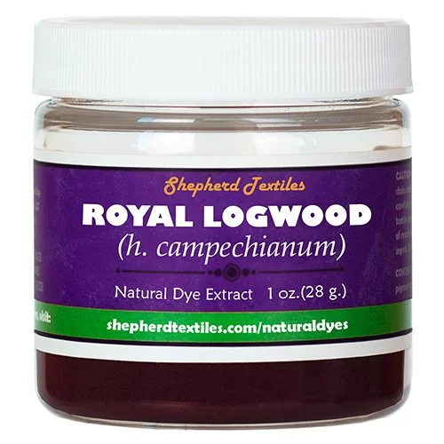 A plastic jar full of purple powder labeled "Royal Logwood".