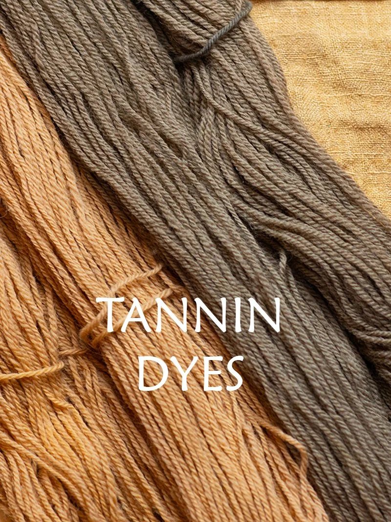 Swatches of yarn dyed brown and gray, with the caption "Tannin Dyes."