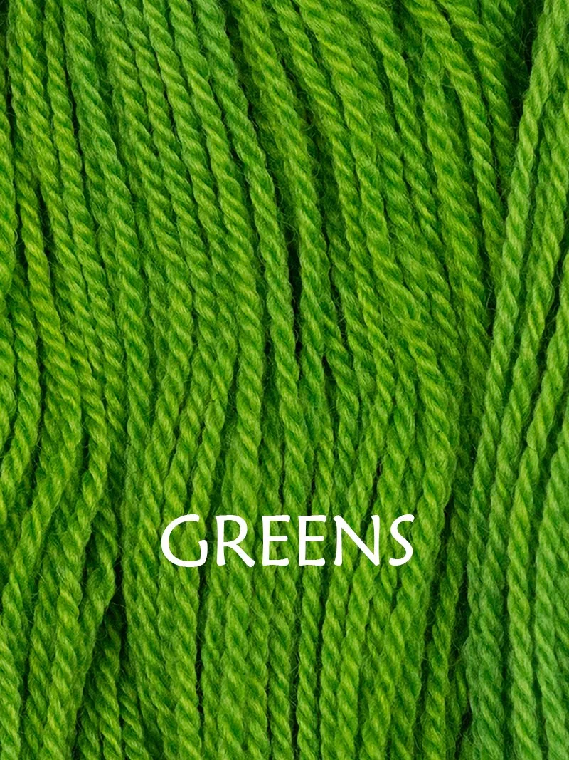 A swatch of yarn dyed green, with the caption "Greens."