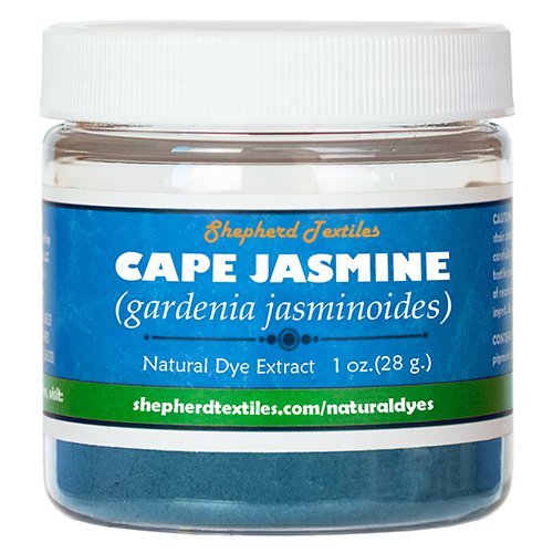 A plastic jar full of blue powder labeled "Cape Jasmine".
