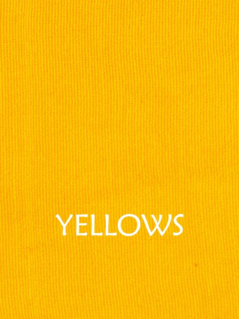 A swatch of cotton dyed deep yellow, with the caption "Yellows."