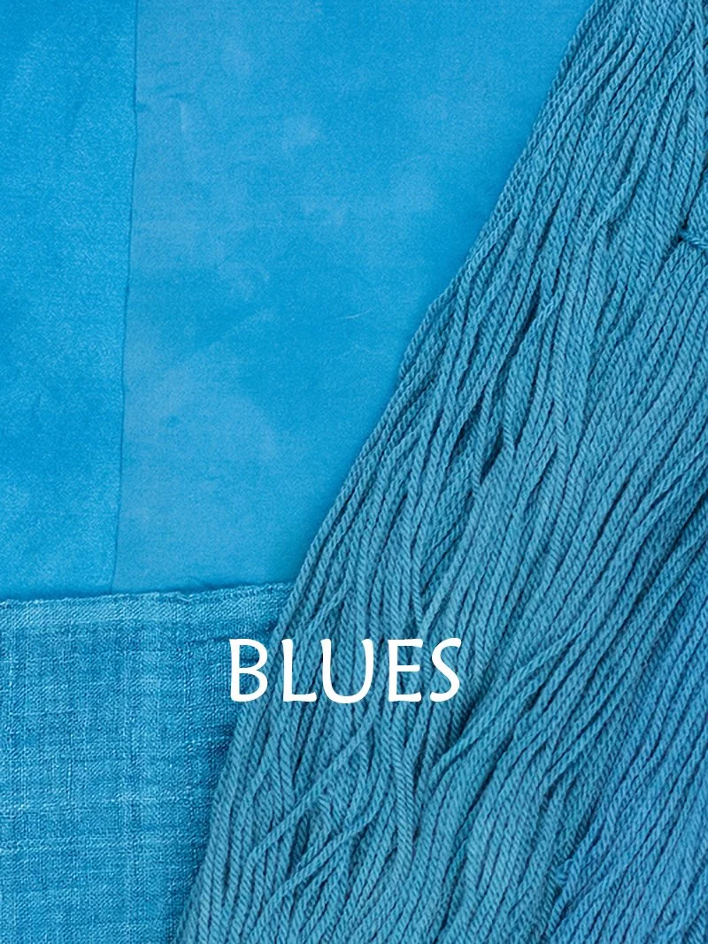 Swatches of yarn and fabric dyed ocean blue, with the caption "Blues."