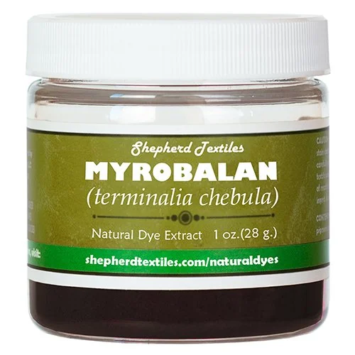 A plastic jar full of brown powder labeled "Myrobalan".