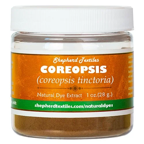 A plastic jar full of brown powder labeled "Coreopsis".