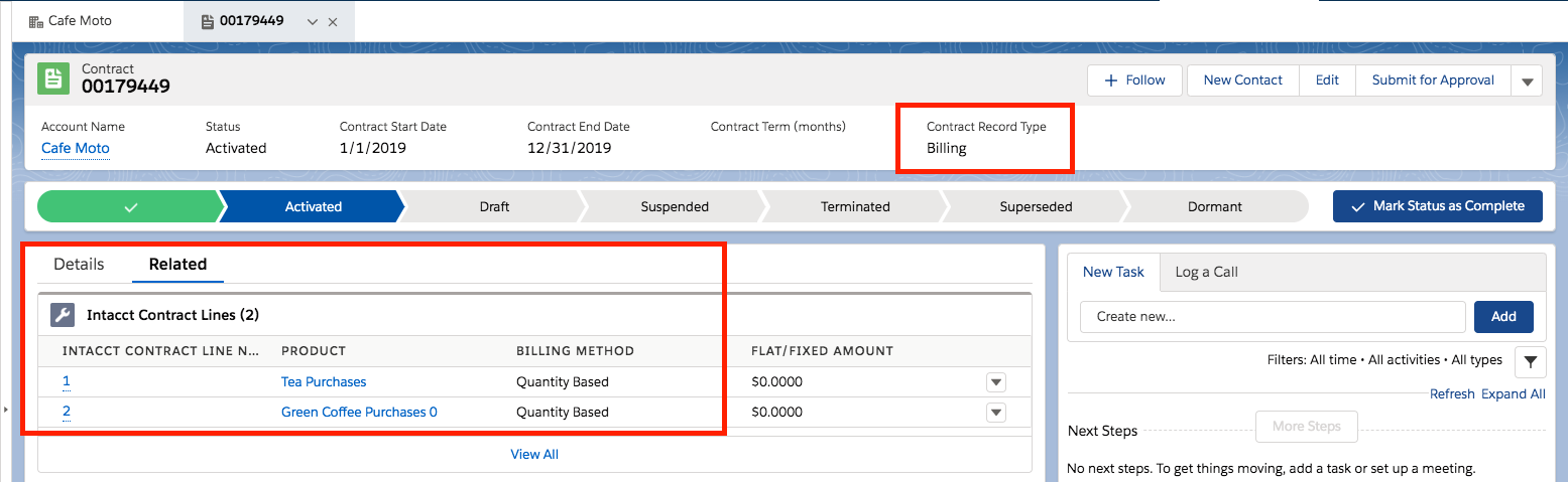 Contract records synced form Intacct to Salesforce