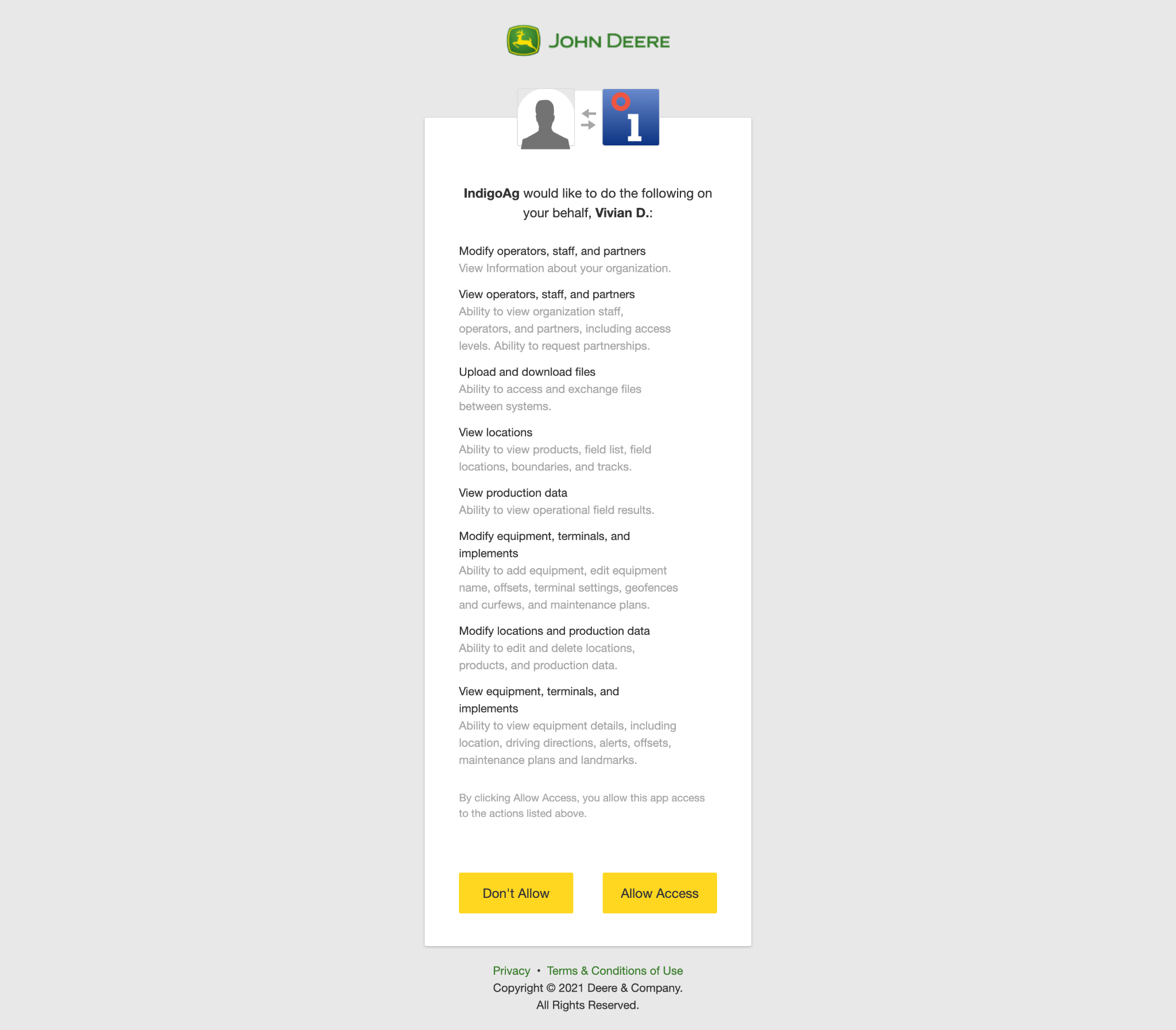 Permissions screen after connecting to John Deere API