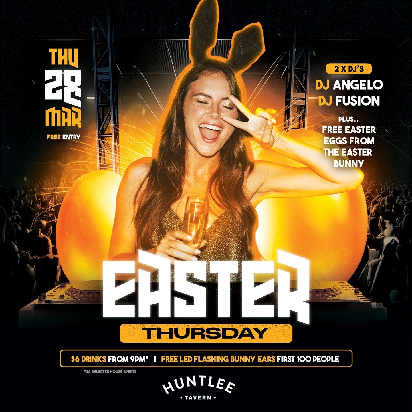 🐰🎉 Get ready to hop into Easter weekend at Huntlee Tavern! 🎉🐰
Join us this Tonight, for an egg-citing night of fun and festivities! 🥳
🌟 FREE ENTRY from 9 PM onwards!
🥃 $6 SPIRITS from 9 PM!
🎧 Groove to the beats of DJ Angelo and DJ Fusion til