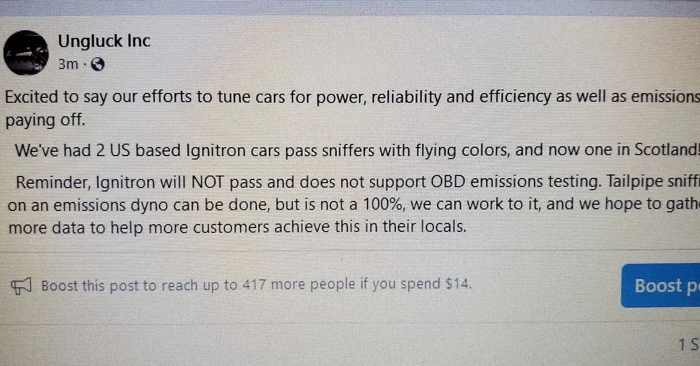 Really excited to say we have 3 different cars who have passed emissions(sniffer) on Ignitron. 2 in the USA and this lovely sleeper in the UK @grantedwards2006. Ignitron does not support plugin(obd) testing, but running can be done to provide an effi