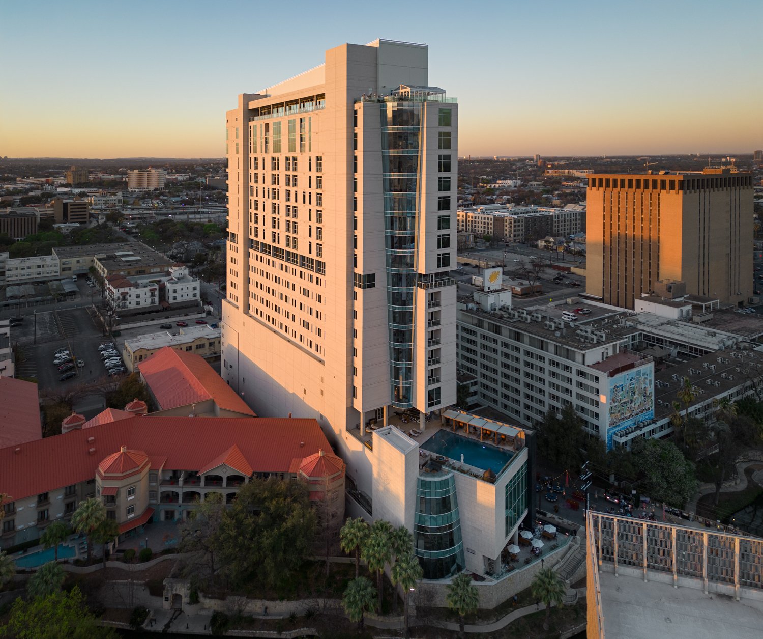 4 Sharp Glass - Thompson Hotel - Drone Sunset from South.jpg