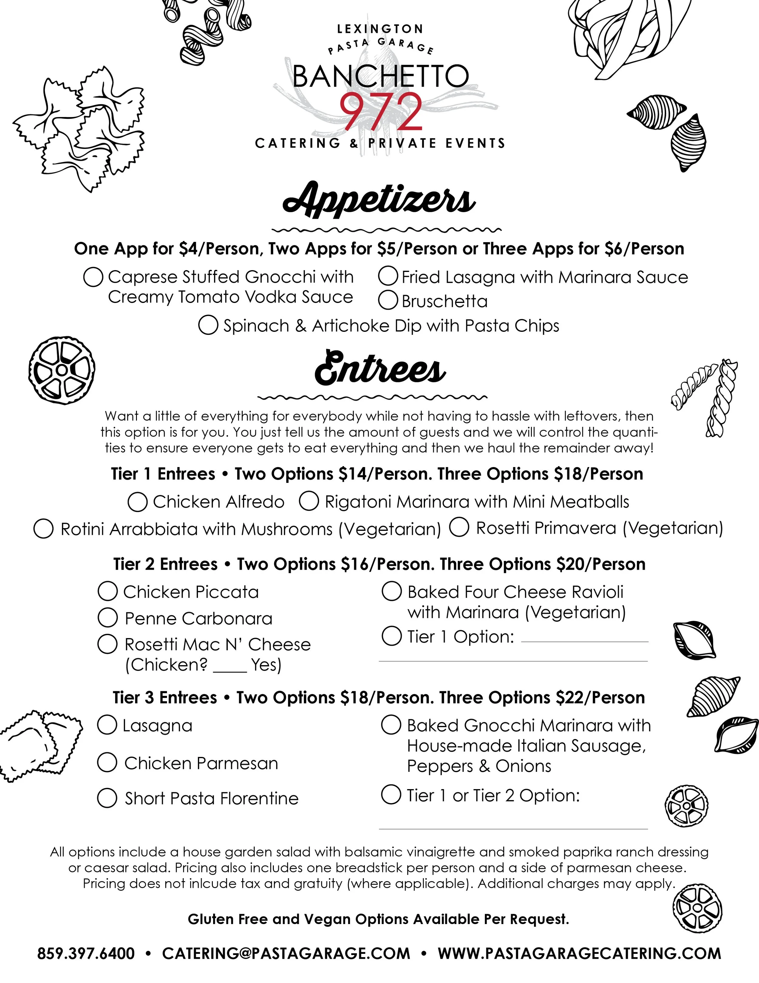 Menus — Pasta Garage Catering