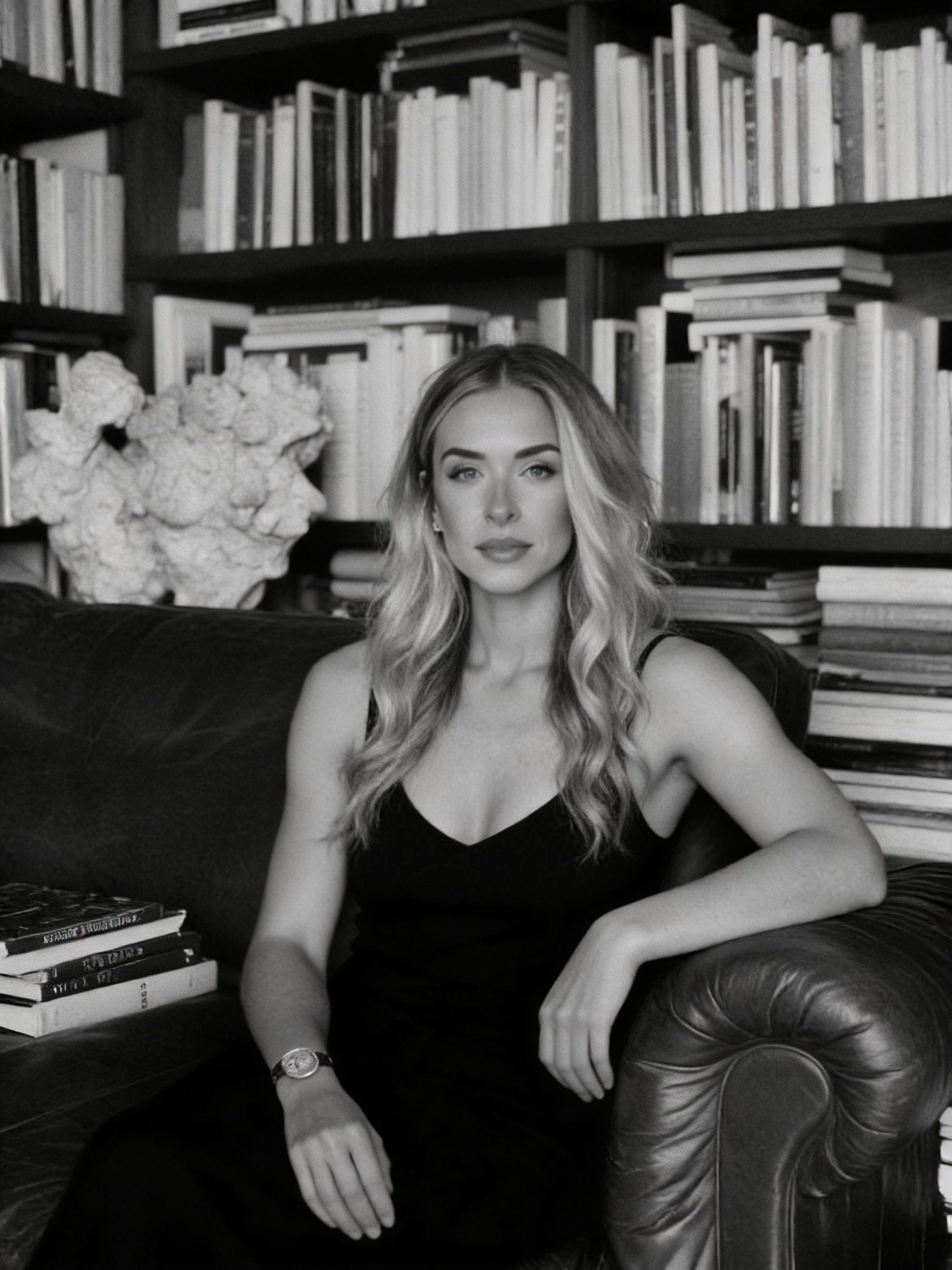 Mallory Ennis, a woman with wavy blonde hair and a black dress sitting on a leather sofa in a room with a large bookshelf filled with books.