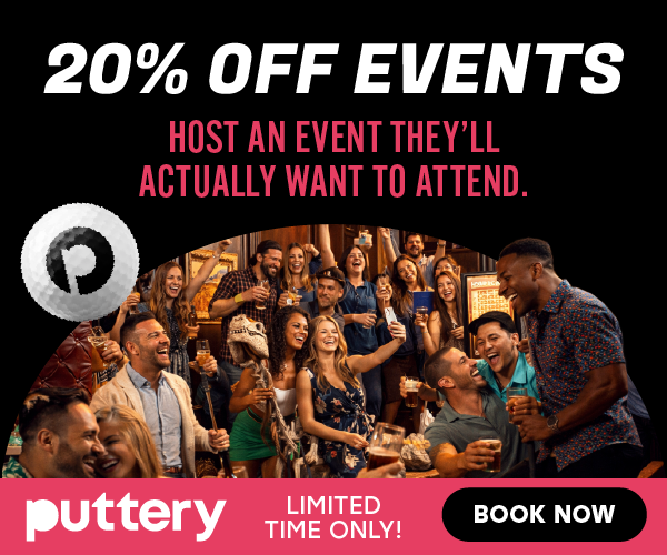 A promotional poster for a 20% off event hosted by Puttery, showing a lively group of people enjoying drinks and socializing in a bar.