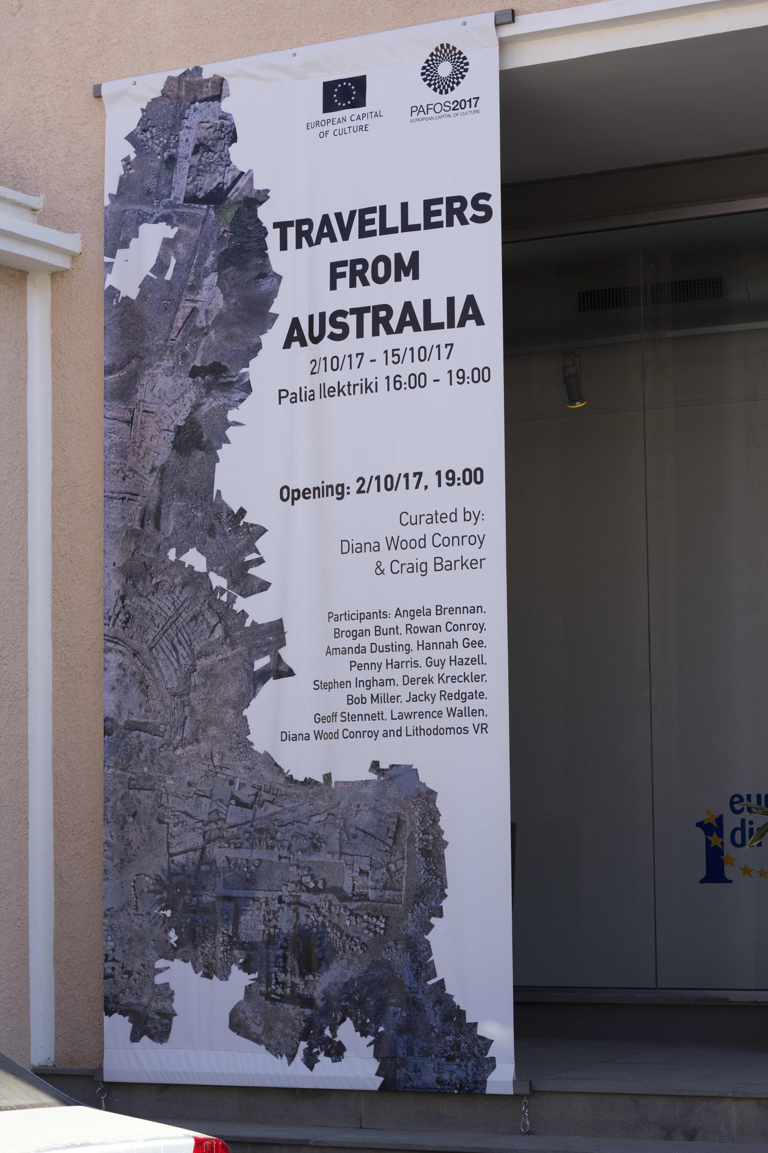  Exterior gallery photograph of the   Pailia Ilektriki, Ktima Pafos, Cyprus, 2-15 October 2017, during the group exhibition  Travellers from Australia  curated by Craig Barker and Diana Wood Conroy. Photo: Shelley Webster. 
