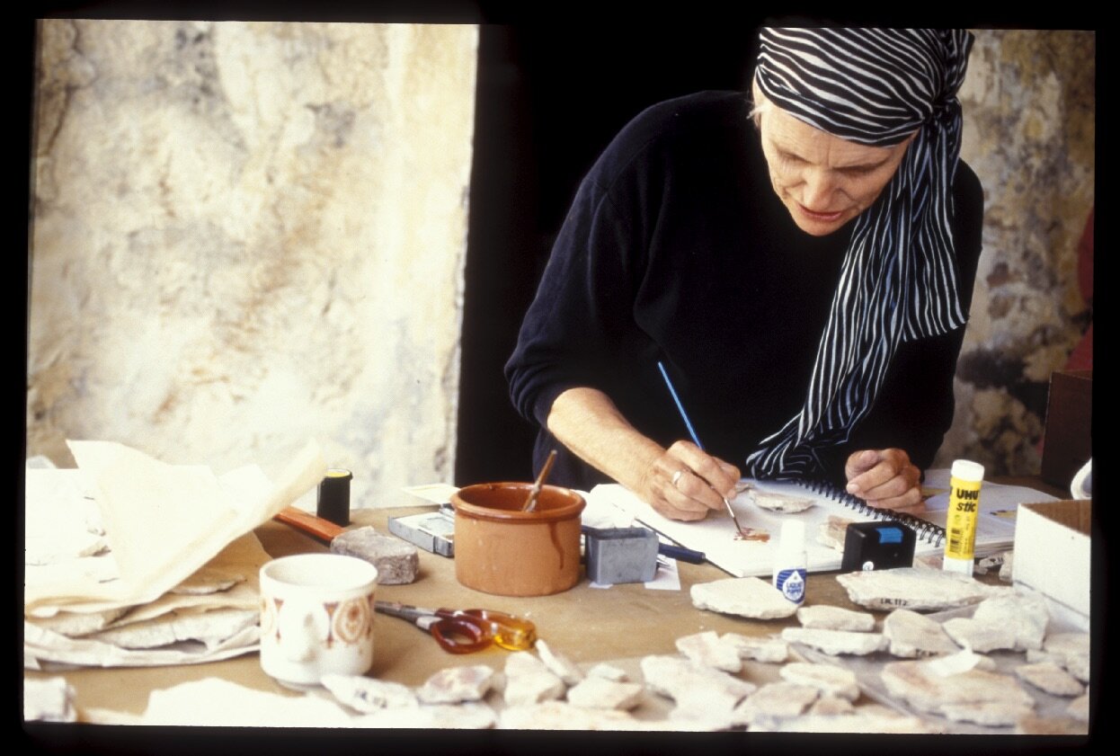  Professor  Diana Wood Conroy , Artist in Residence on the Paphos Theatre Archaeological Project for 25 years, making work on the site in 2002. As Artist in Residence she studies Roman wall paintings as well as ancient textiles. Her exhibition work e
