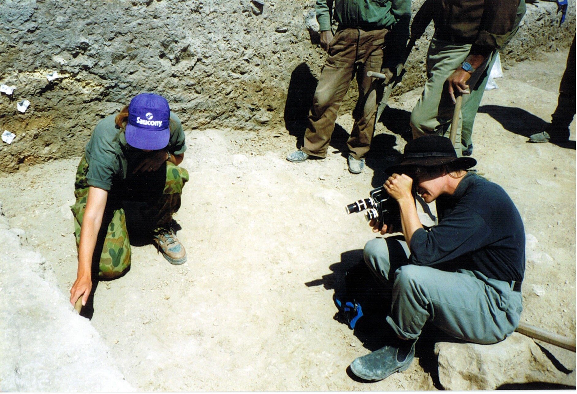  Fimmaker and video artist  Amanda Dusting  using a 16mm cine camera to make work in the trench, 1996.  Photo: Courtesy of Amanda Dusting. 
