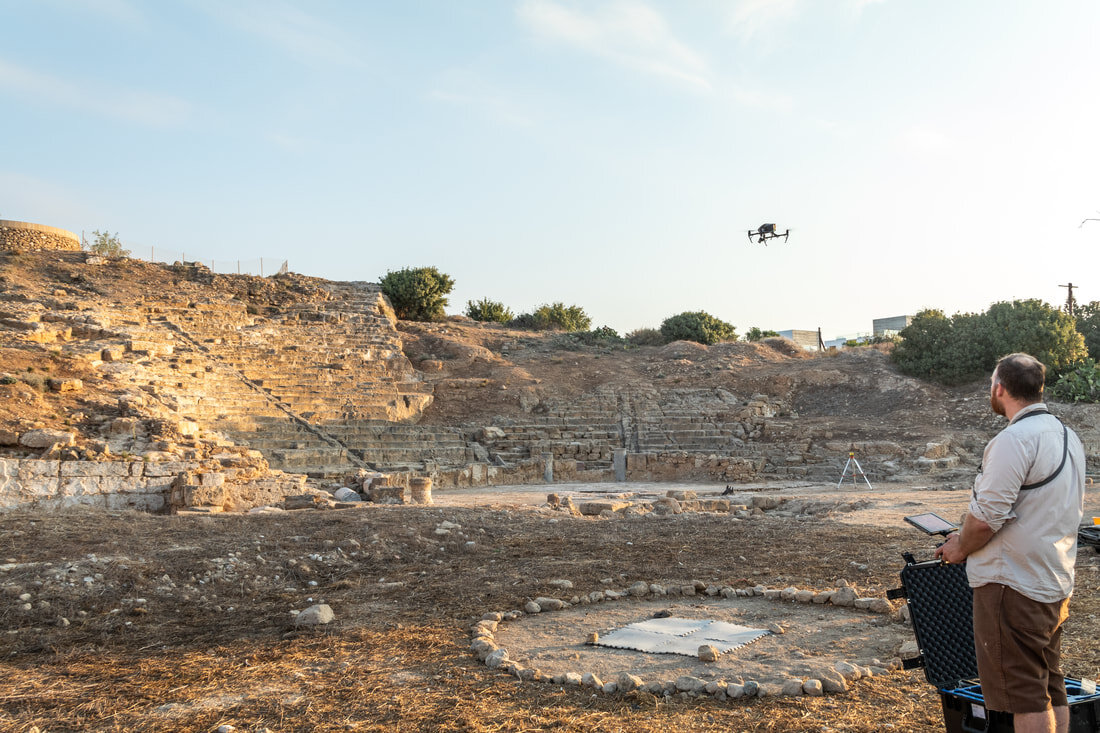  Visual artist  Rowan Conroy  flying a drone over the site in 2019 to make video work. Conroy’s practice focuses on photography, rephotography, and archaeology. Photo: Bob Miller. 