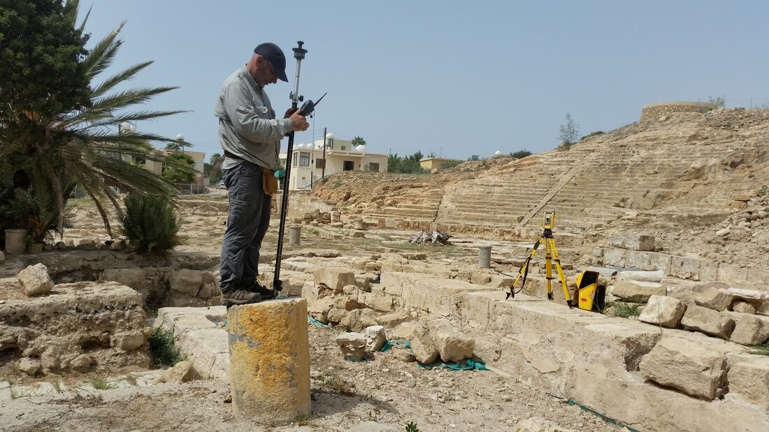  Team Surveyor  Guy Hazell  on site in 2015, working to create the orthophoto of the ancient theatre. Using a combination of surveying techniques and pole photography, Hazell is able to produce geo-referenced photogrammetry or orthophotos of a site o