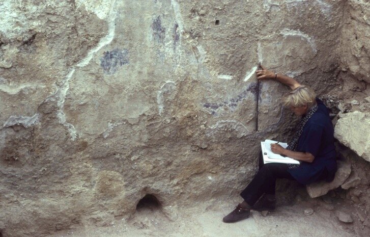  Visual artist Diana Wood Conroy measuring the traces of pigment to scale on the parodos wall. Fresco at this entrance to the theatre would have  formed a brilliant background for people processing into the theatre. Photo: Courtesy of the artist. 