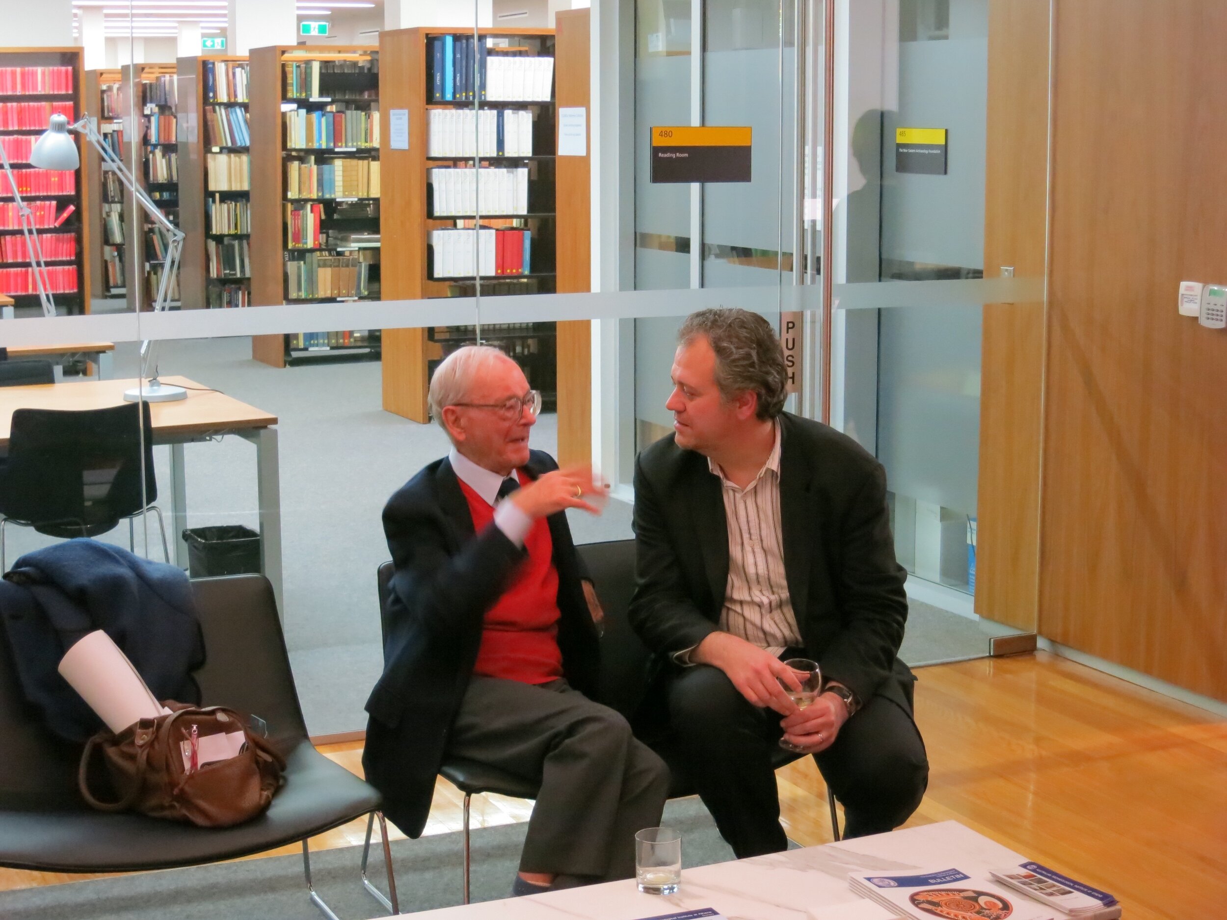  From left: the late Prof. Alexander Cambitoglou speaking with Dr. Craig Barker at the opening of  Response to Cyprus,  10 July 2013. The event was hosted by the Australian Archaeological Institute at Athens (AAIA) at the Centre of Classical and Near