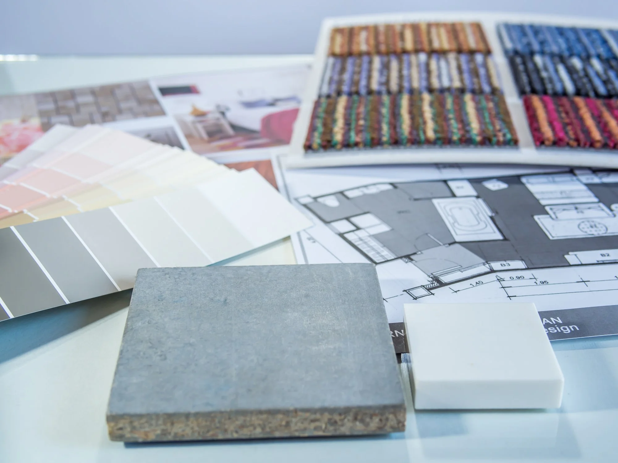 Color palette fabric samples and mood board