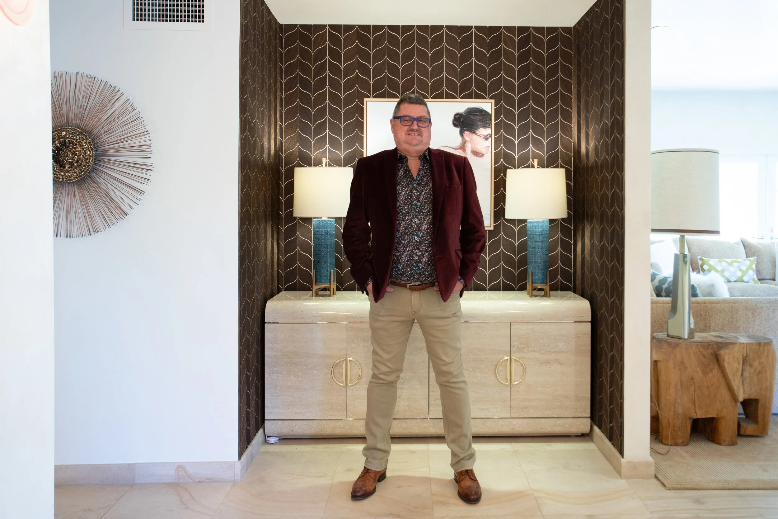 Palm Springs Interior Designer with wallpaper installation and modern front entry. Phillip Jeffries wallpaper. Wood and gold inlay premium wallpaper.