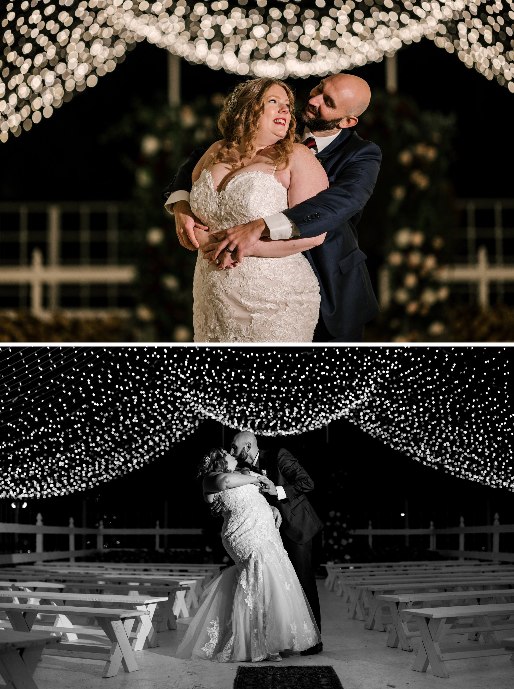 Nighttime wedding photos at Cedar Lakes Estate