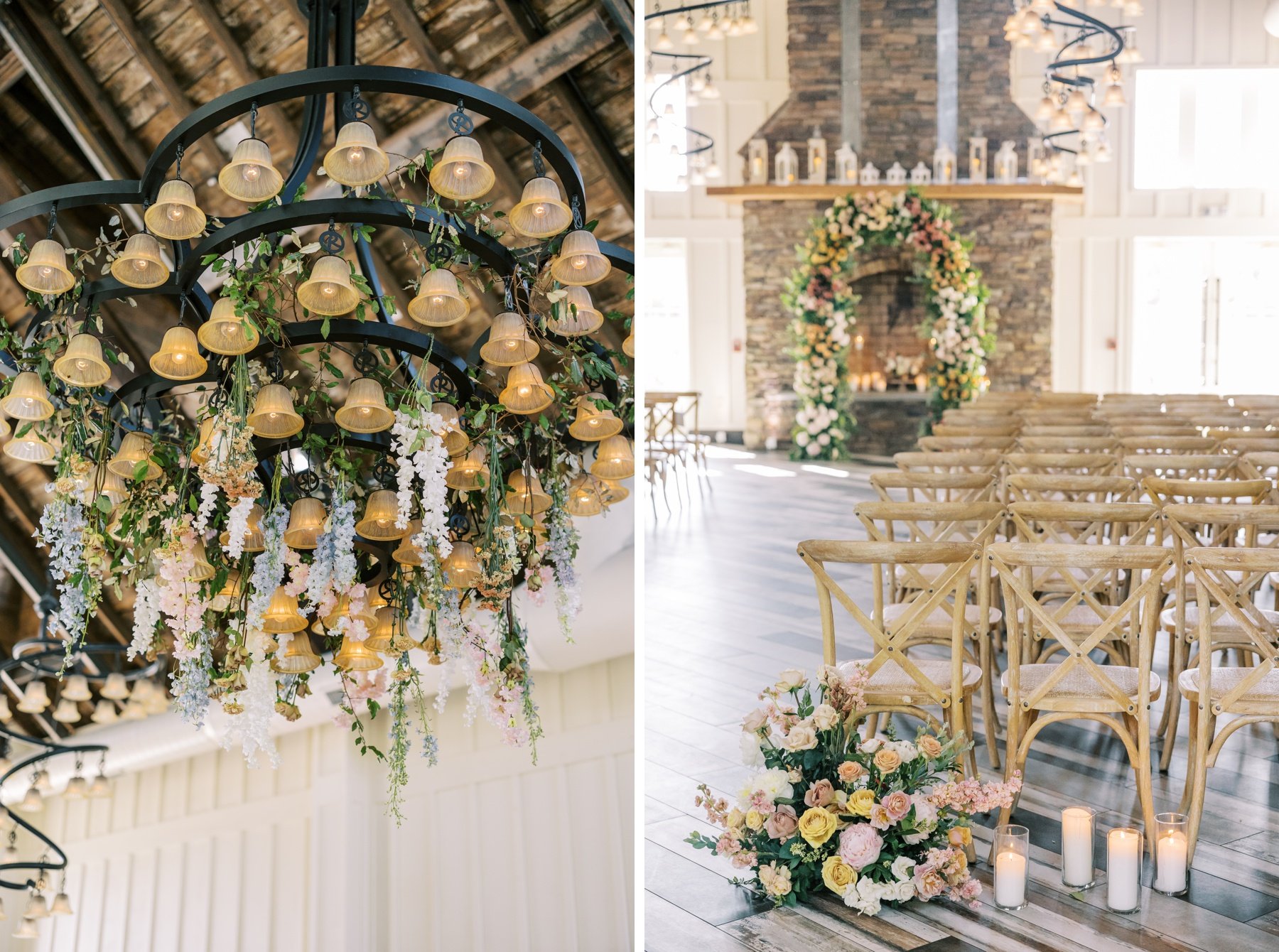 Hanging flower chandelier with snapdragons at a wedding ceremony