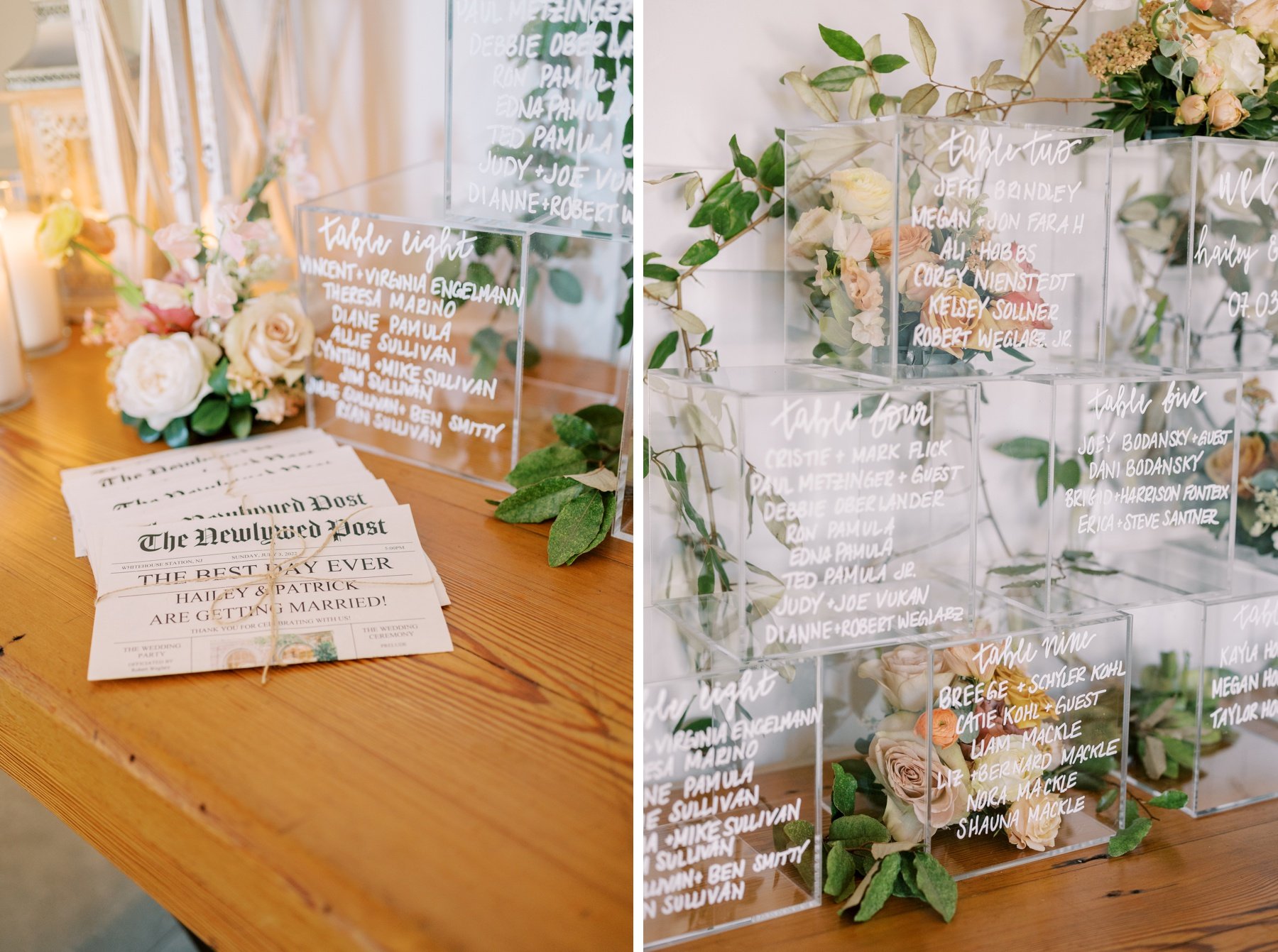 Acrylic box seating chart with orange and blush flowers at a wedding