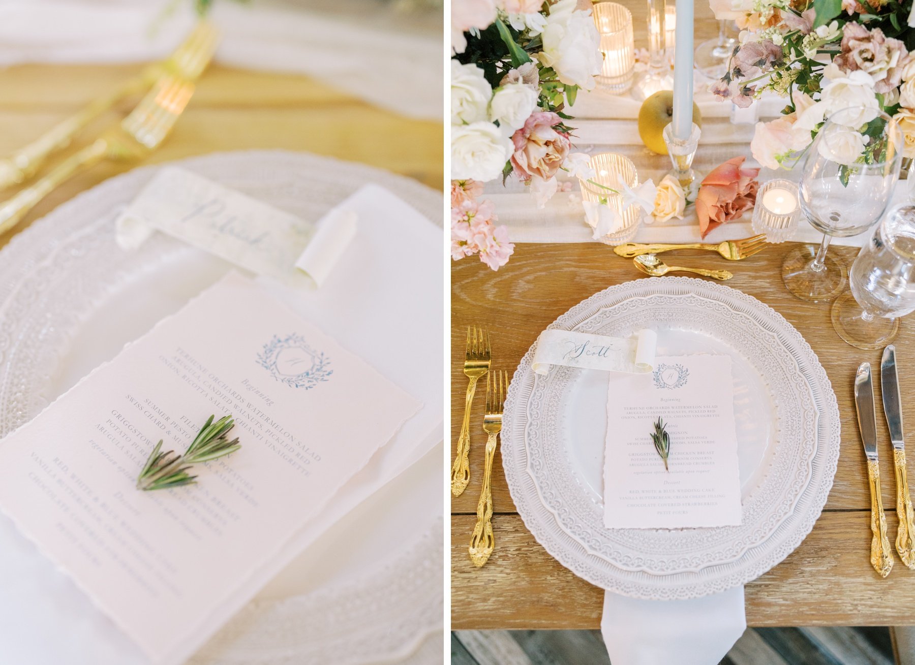 Tablescape with vintage plates, gold cutlery, and pastel taper candles at a French Country wedding reception