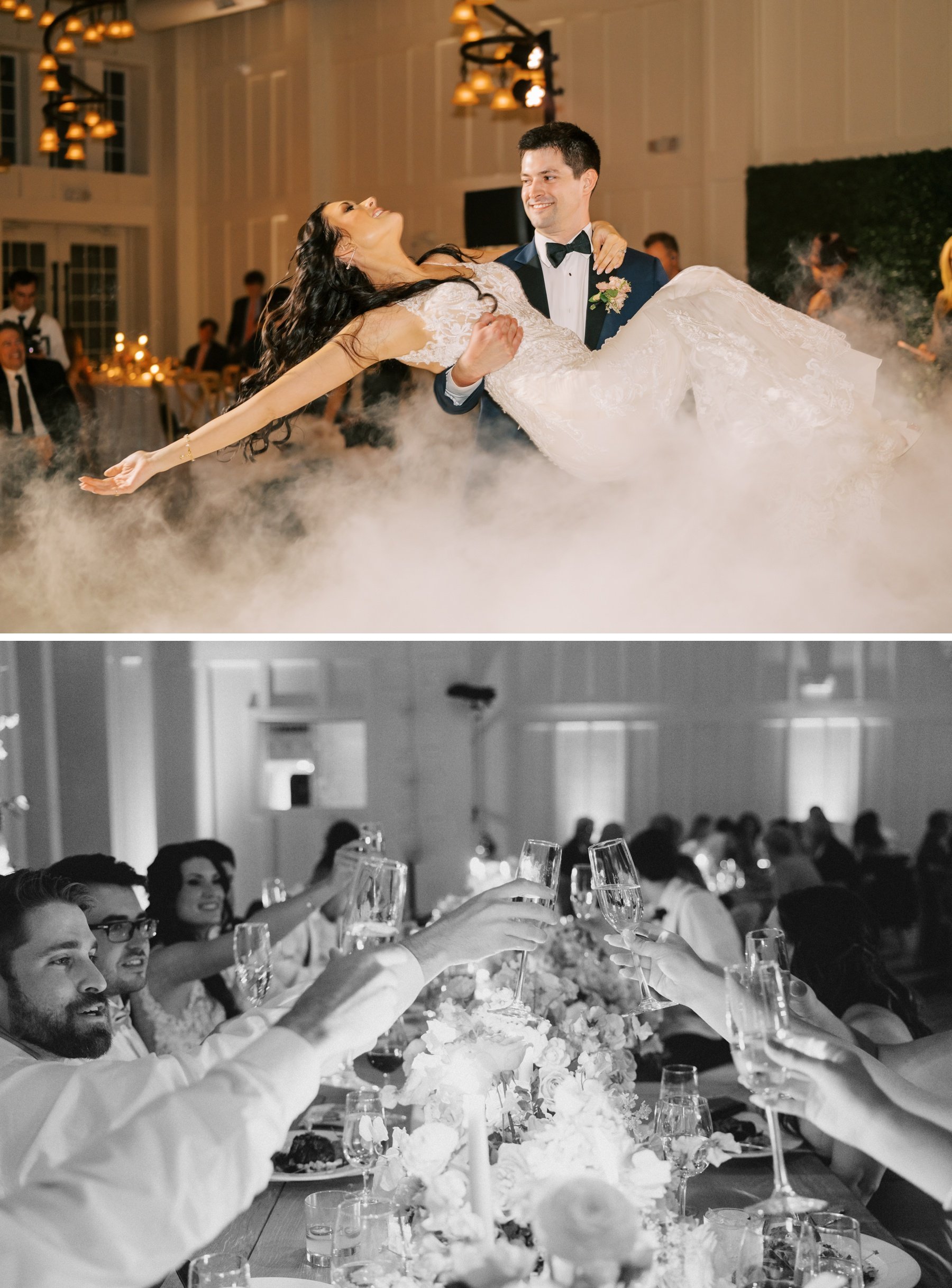 Bride and groom dancing on the clouds for their first dance