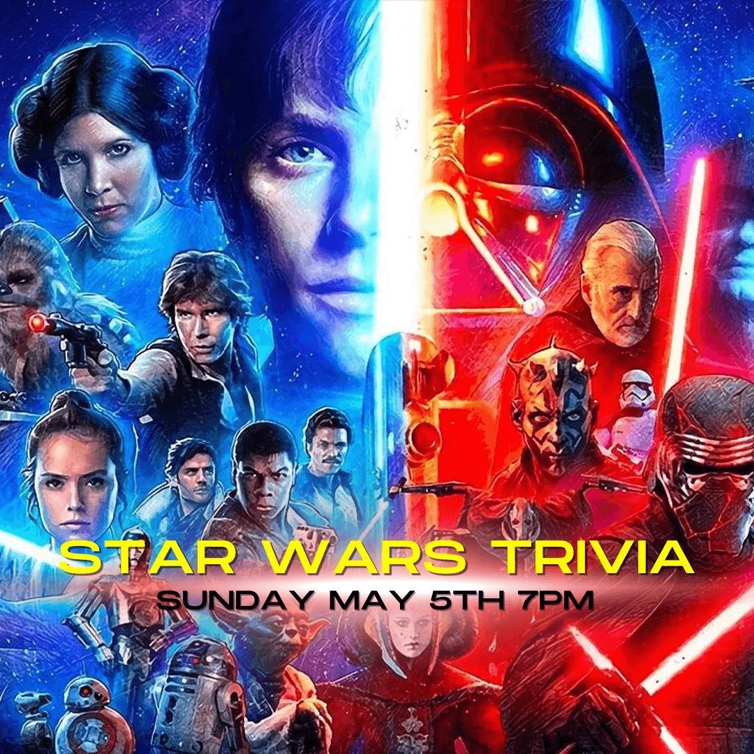 Our monthly theme trivia returns on Sunday May 5th, and this month is Star Wars Trivia! (It's not May 4th, but you get the idea)

Grab your light saber and bring your team of five players to compete for cash prizes- losers get thrown in the Sarlacc P