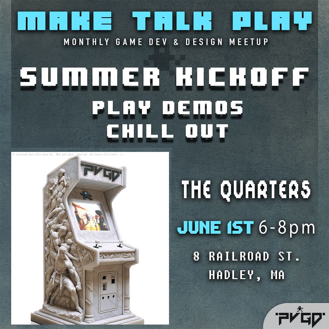 First Sunday of the month coming up, so that means Pioneer Valley Game Developers Meet Up is back! 6pm-8pm, come hang out and meet other folks working or interested in all aspects of game development.