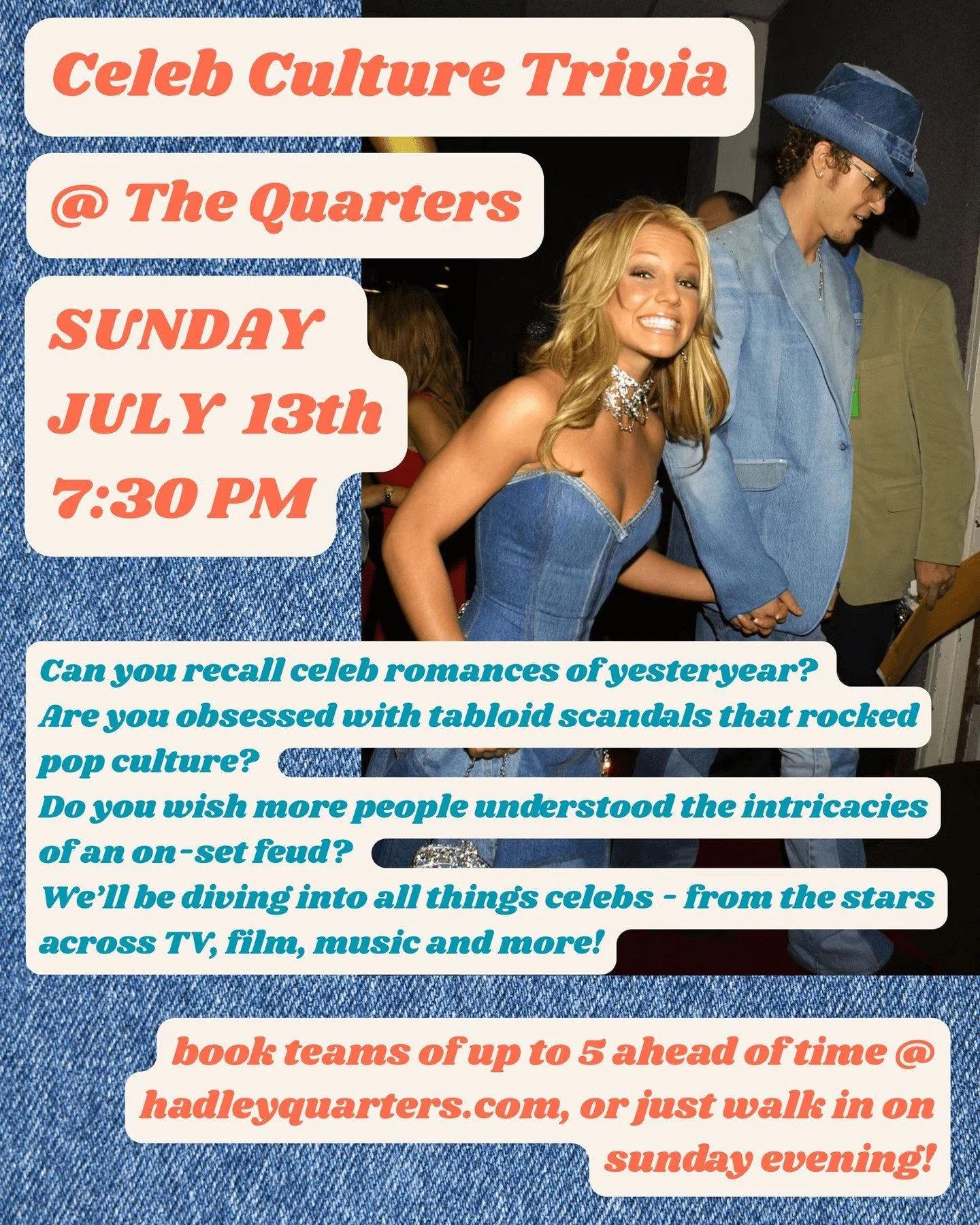 Put down your National Enquirer, give Pop Crave and Perez Hilton a break and do some of your own Celebrity Trivia with us on Sunday night July 13th!

$10/person, teams up to five, compete for cash prize and to be the next top model of The Quarters ce