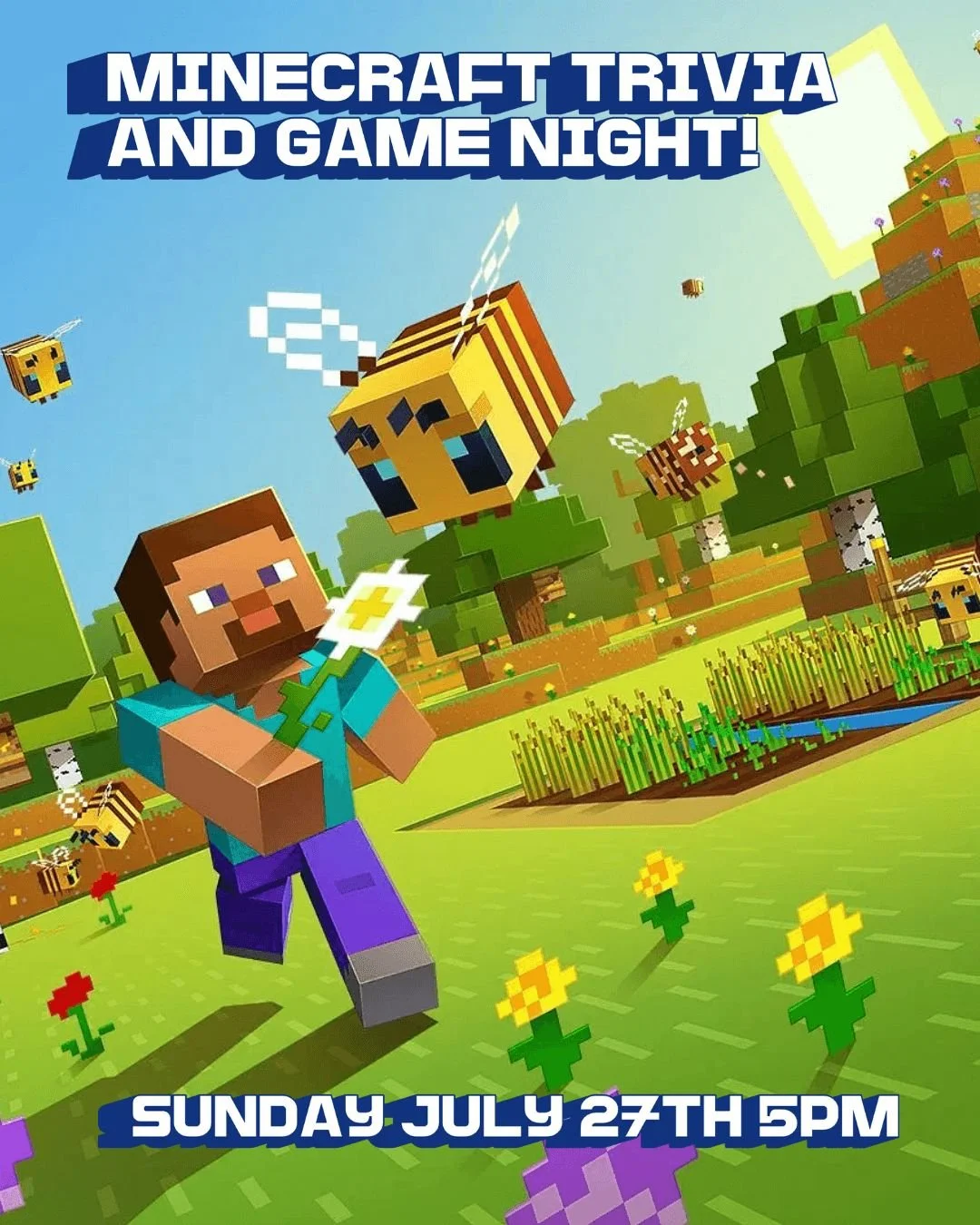 Sunday July 27th 5pm-7pm The Quarters is hosting a family friendly Minecraft Trivia and Game night.

Teams up to 5 people, $10/person, compete for cash prizes, gift certificates and more!

There will be 3 rounds of trivia with visual aids.
We will al