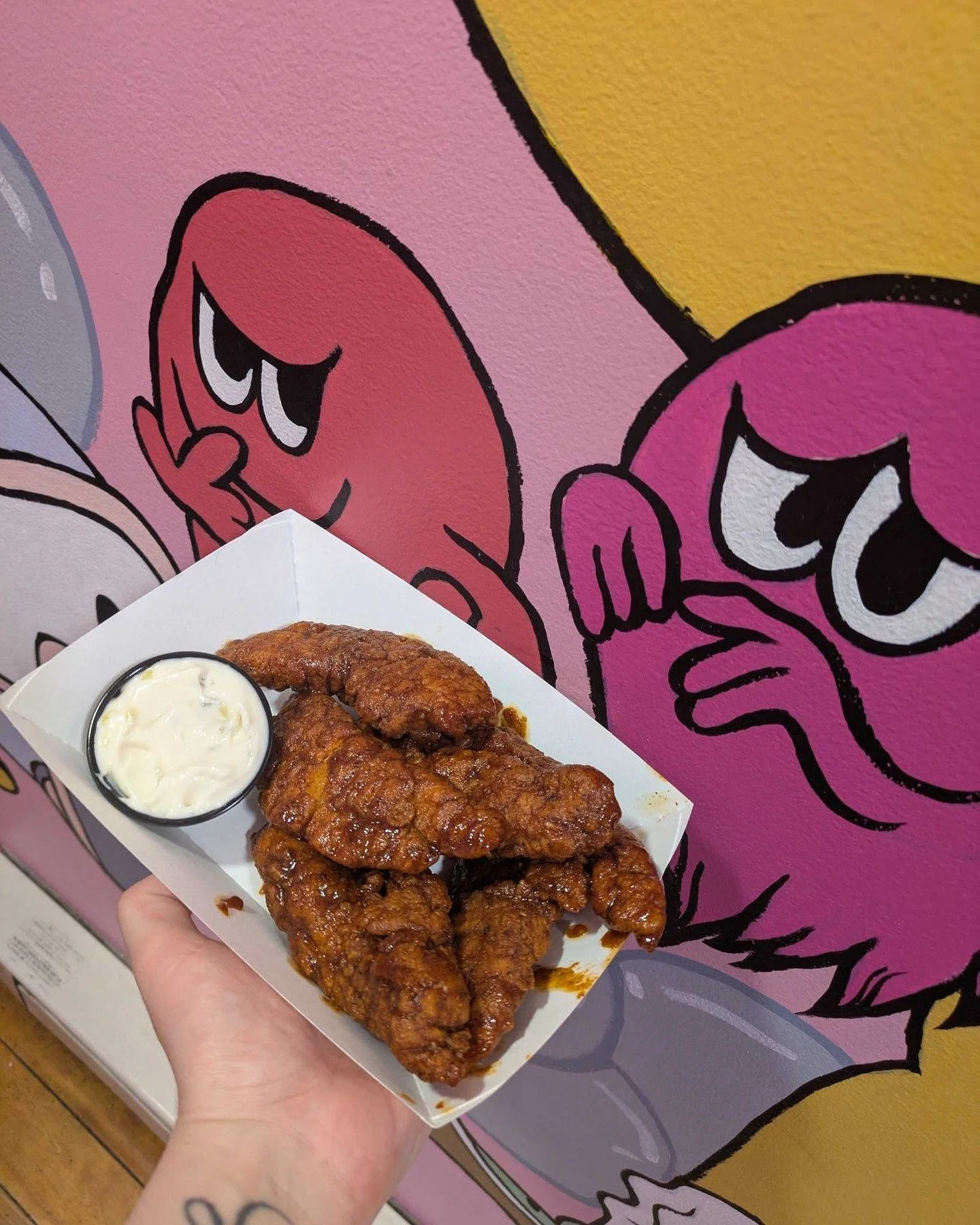 A peek at our Pokemon food and drink specials!
Food:
Flareon Tails -$12: Chicken tenders tossed in housemade Nashville hot sauce with pickle mayo
Chikorita's Sandwich - $12: Chicken patty (or sub vegan chicken), cheddar, lettuce, tomato, roasted red 