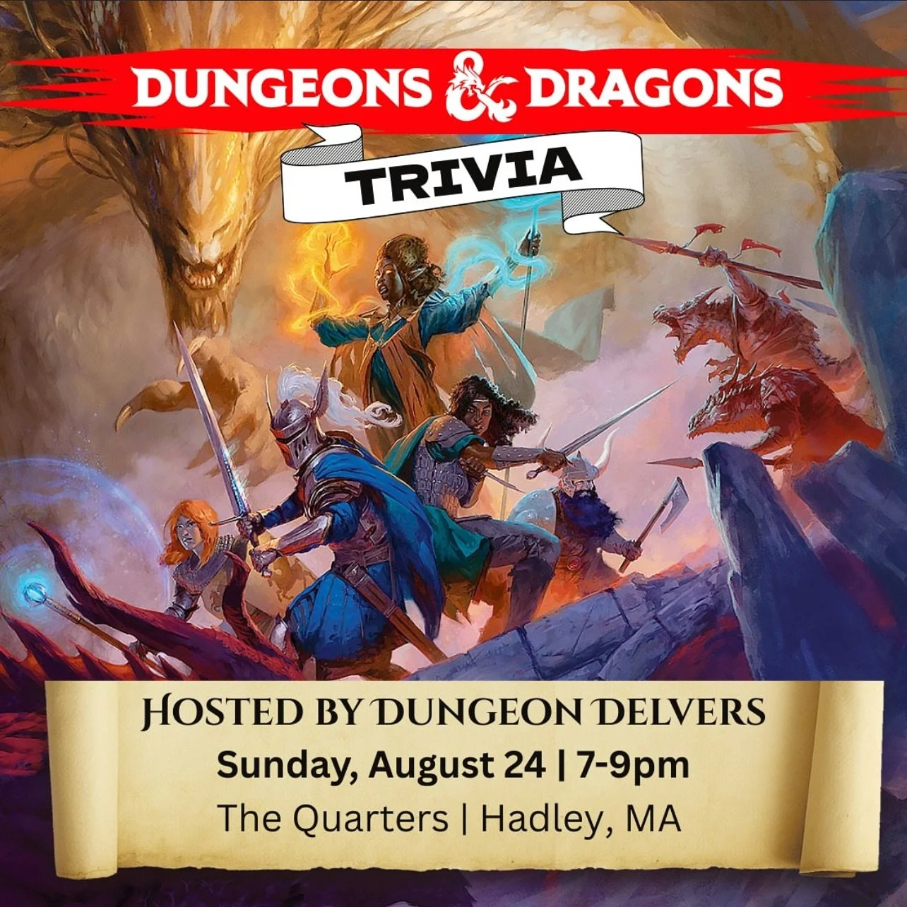 Join us Sunday August 24th at 7pm when @dungeondelversma returns to The Quarters for Dungeons and Dragons trivia! Test your knowledge of wizardry, upgrade your XP and compete for a chance at cash prizes! 7pm-9pm, $10/person, teams up to 5 players- si