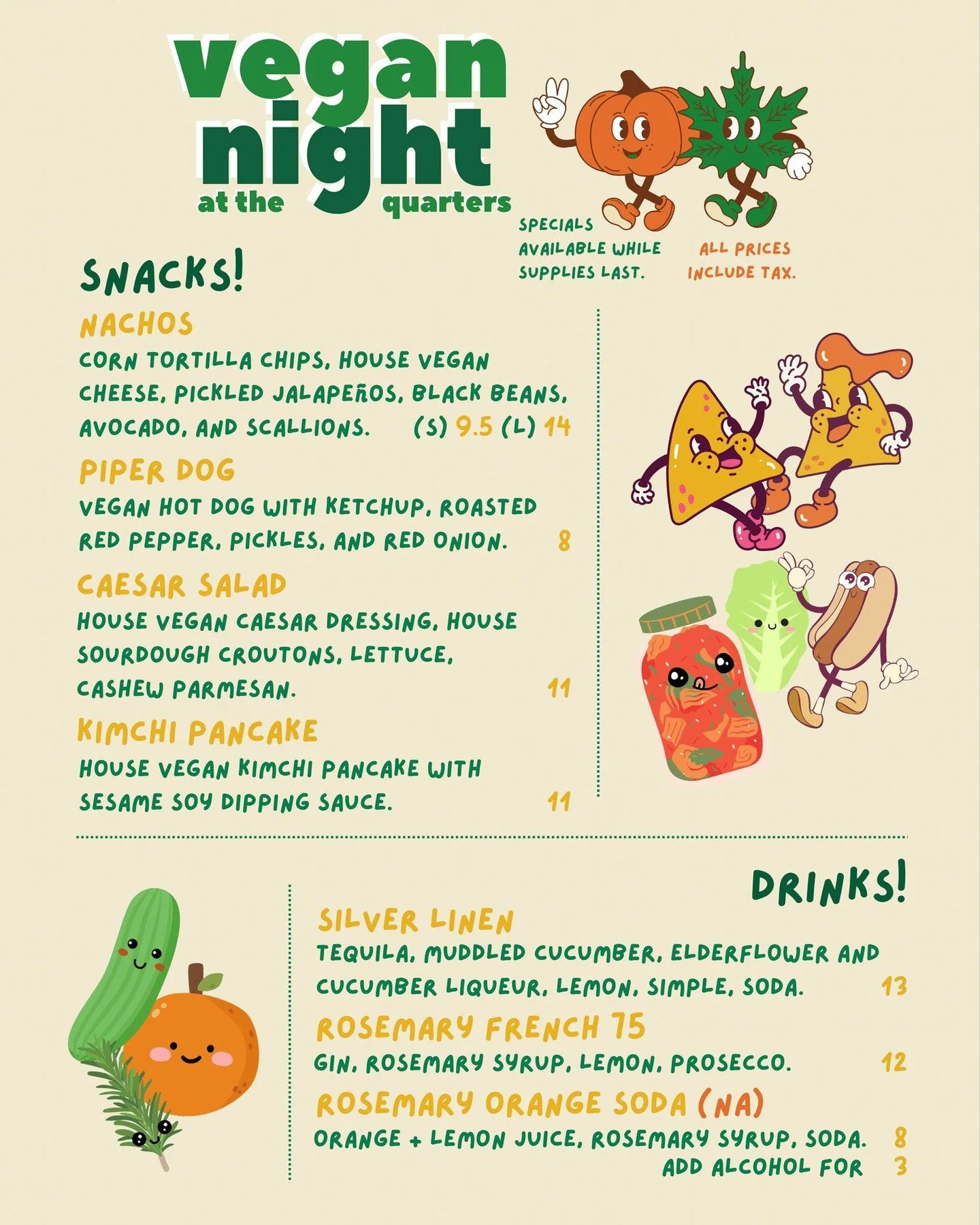 Check out the menu for our Vegan night Wednesday Sept 17th!