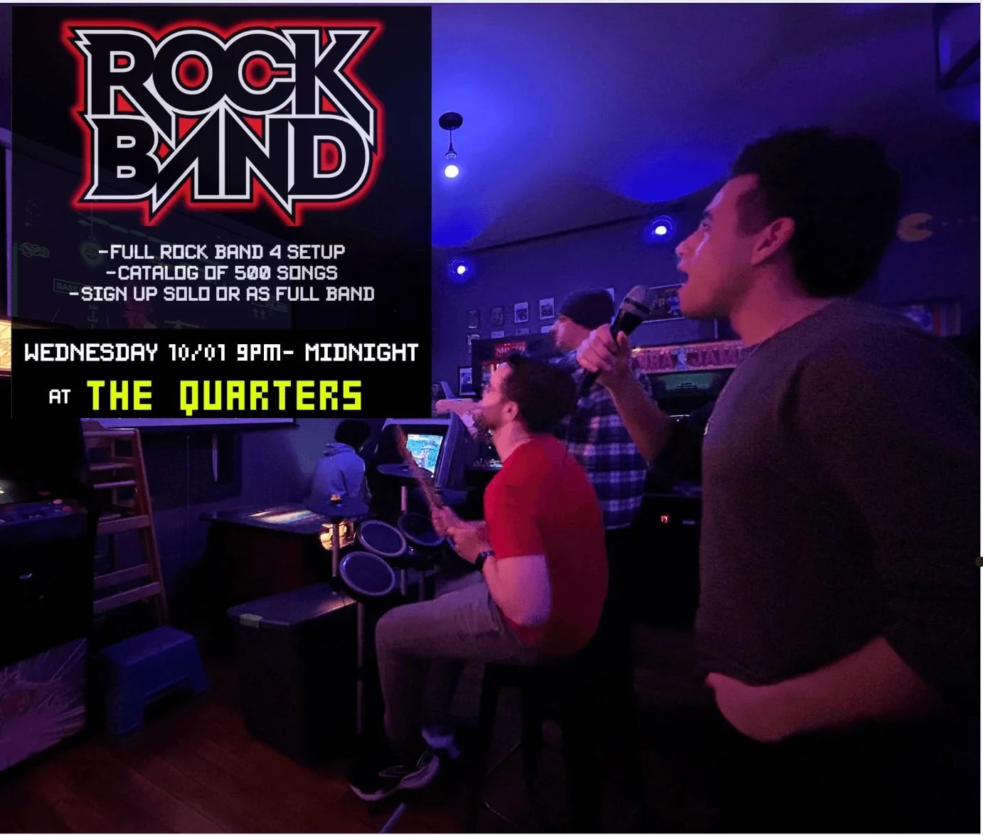 Rockband returns! Join us Wed Oct 1st from 9pm-midnight for some Rockband on the projector! 

Come alone or bring the whole band, we've got a full band setup and tons of songs, we just need your hall of fame talent and star power!