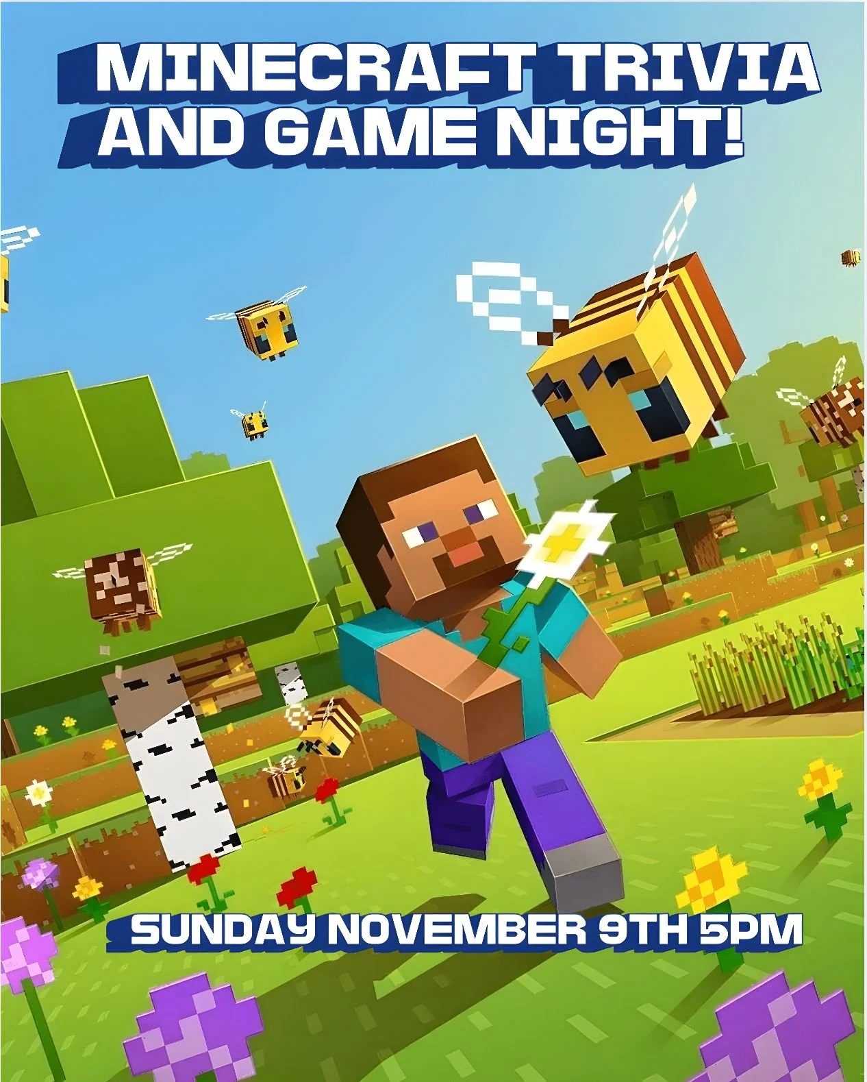 Minecraft Trivia and Game night is back! Join us Sunday November 9th at 5pm for a night of Minecraft trivia and games.

Teams up to 5 people, $10/person, compete for cash prizes, gift certificates and more!

There will be 3 rounds of trivia with visu