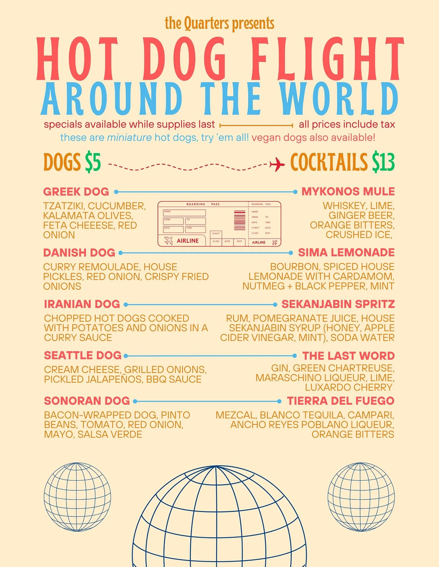 Our full menu for Wednesday night&rsquo;s hot dog flight and their accompanying cocktails! These dogs are the mini-hot dogs we had in our first years, perfect size to try a few different dogs and still have room for some deep fried Brussel sprouts. F