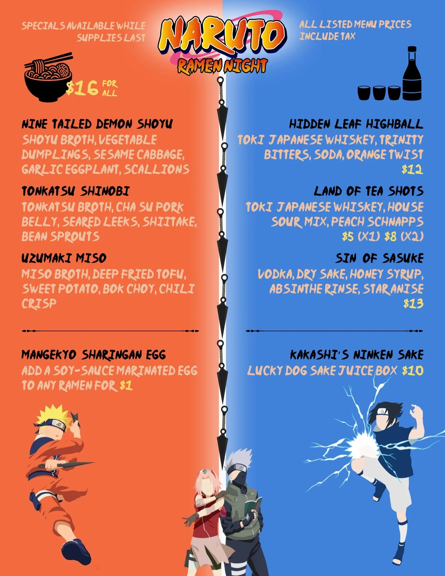 Our menu for our Naruto and ramen night tonight! Starts at 5pm, while supplies last!