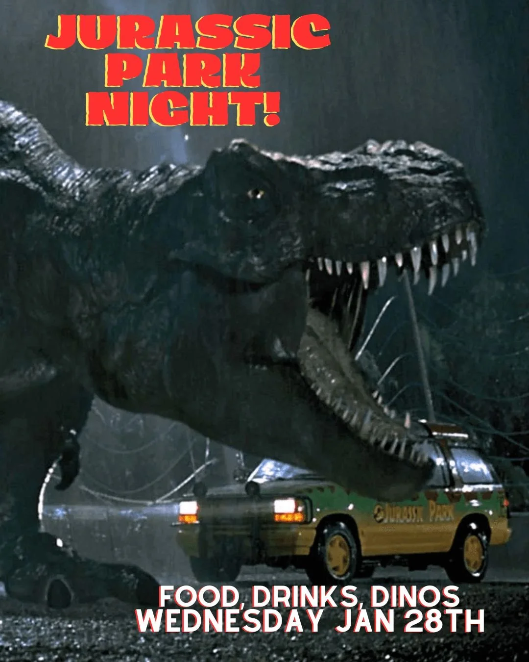 Wednesday June 25th at 5pm  it's Jurassic Park Night at The Quarters! Join us for a night of Dinos, food and drink specials, games and more! There will be no incidents with Dinosaurs, we promise!