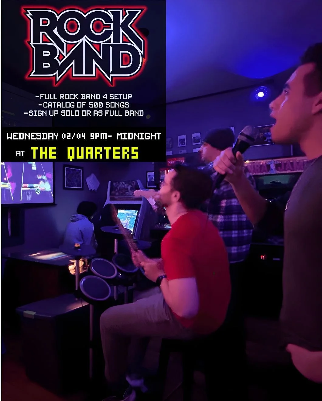 Join us tonight (and every First Wednesday of the month!) for Rockband on the projector!

We have a full band set up so you can bring all your friends or show up and join a new supergroup and choose from hundreds of songs!

Kitchen is open until 10pm