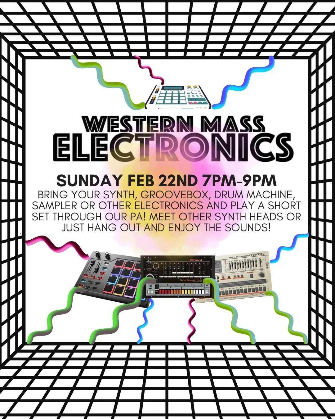 Our monthly Western Mass Electronics night returns on Sunday Feb 22nd!

Bring your synths, circuit-bent toys, drum machines, samplers or other electronic instruments and play a 5 minute set through our PA. Always a great night of music, all skill lev
