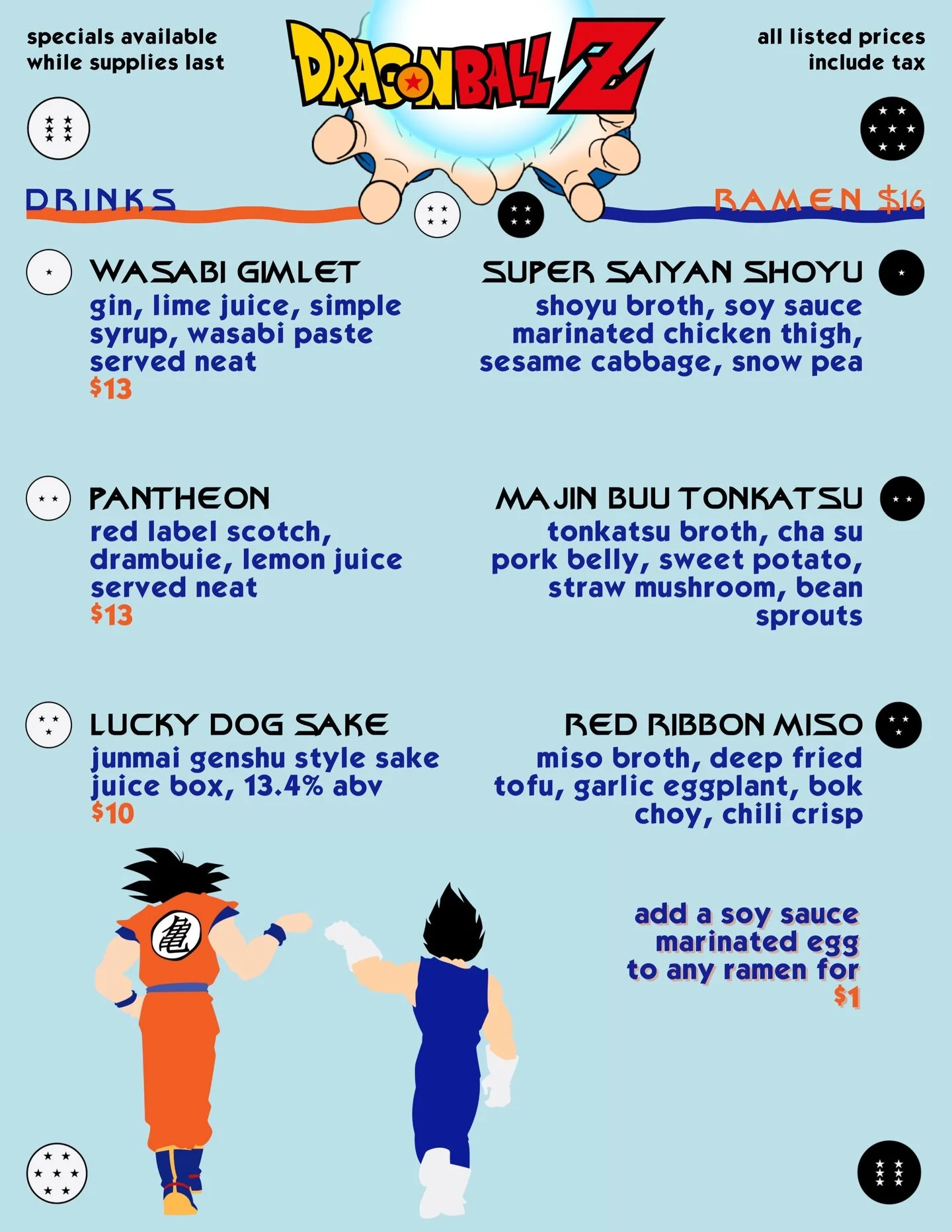 Food &amp; drink menu for our Dragonball Z and Ramen night! Food served at 4pm and trivia starts at 8pm!