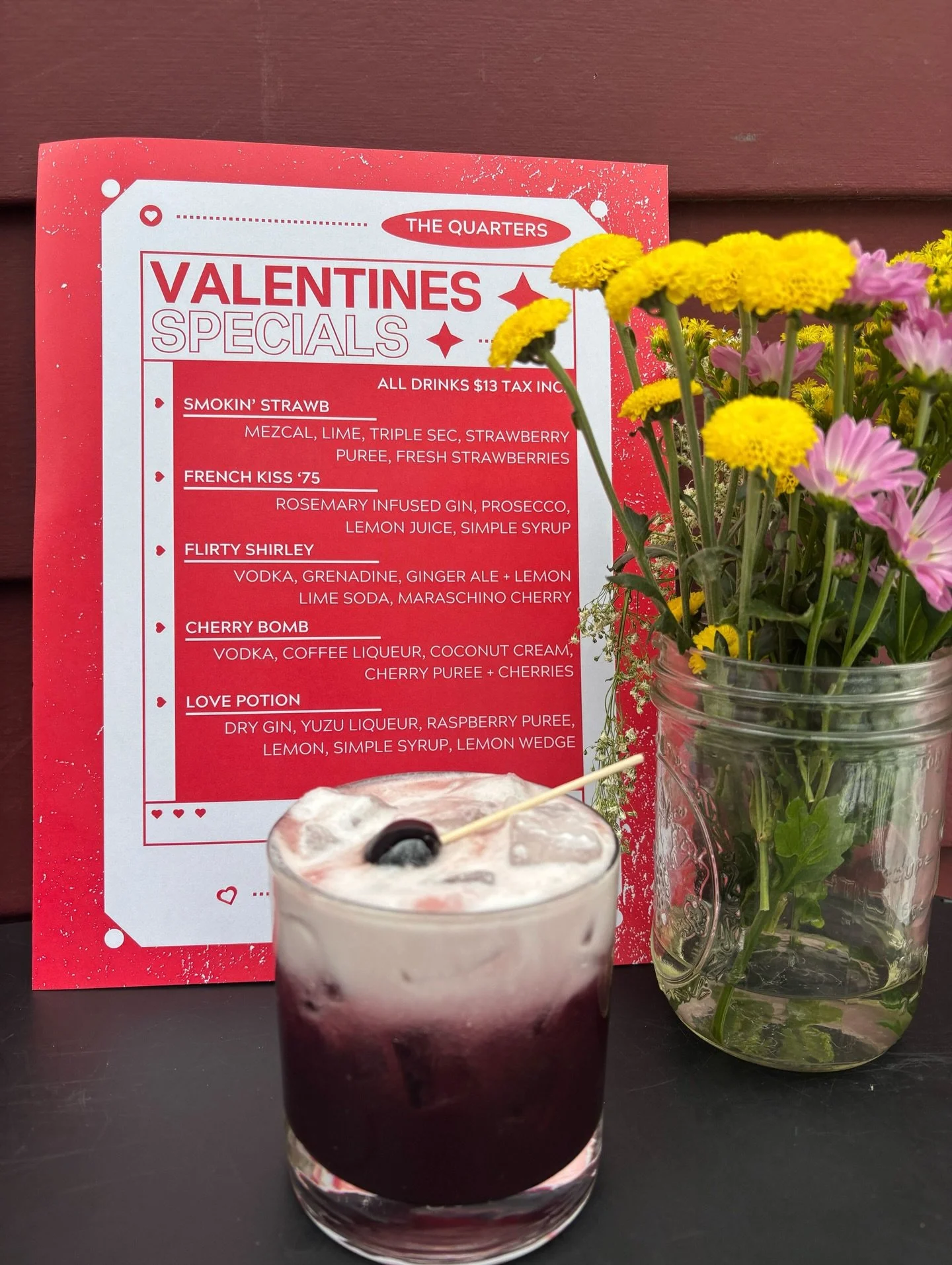 Cherry bomb 🍒 💣 
One of our drink specials for tonight! Buy one for a sweetheart or drown your sorrows with it after 9 with our heartbreak honky tonk night 🥀