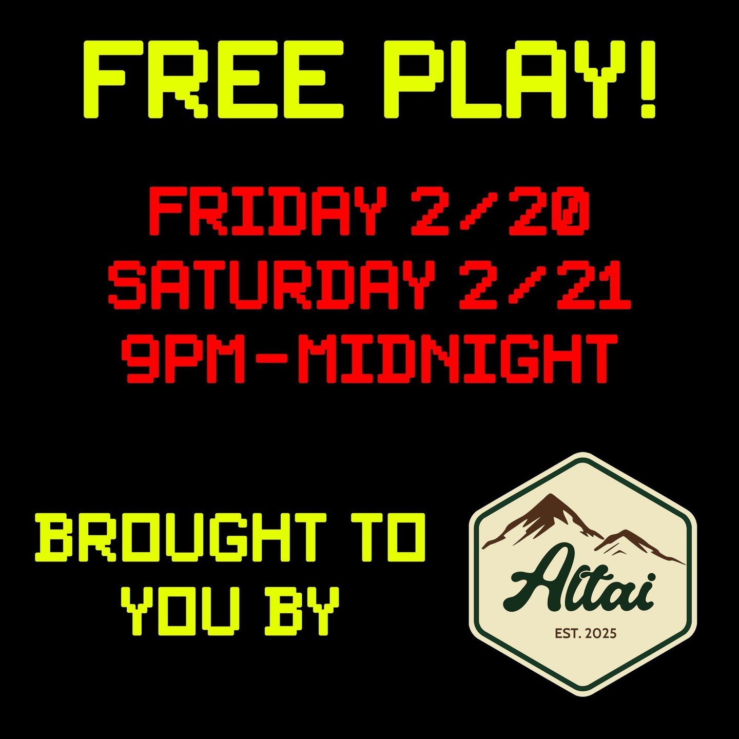 This Friday and Saturday 2/20 and 2/21, join us for unlimited free play on our 40+ arcade games from 9pm-midnight, sponsored by @altai_sunderland!

On Saturday we'll also be joined by DJ @ianst.george spinning all vinyl!

This is a 21+ event (we are 